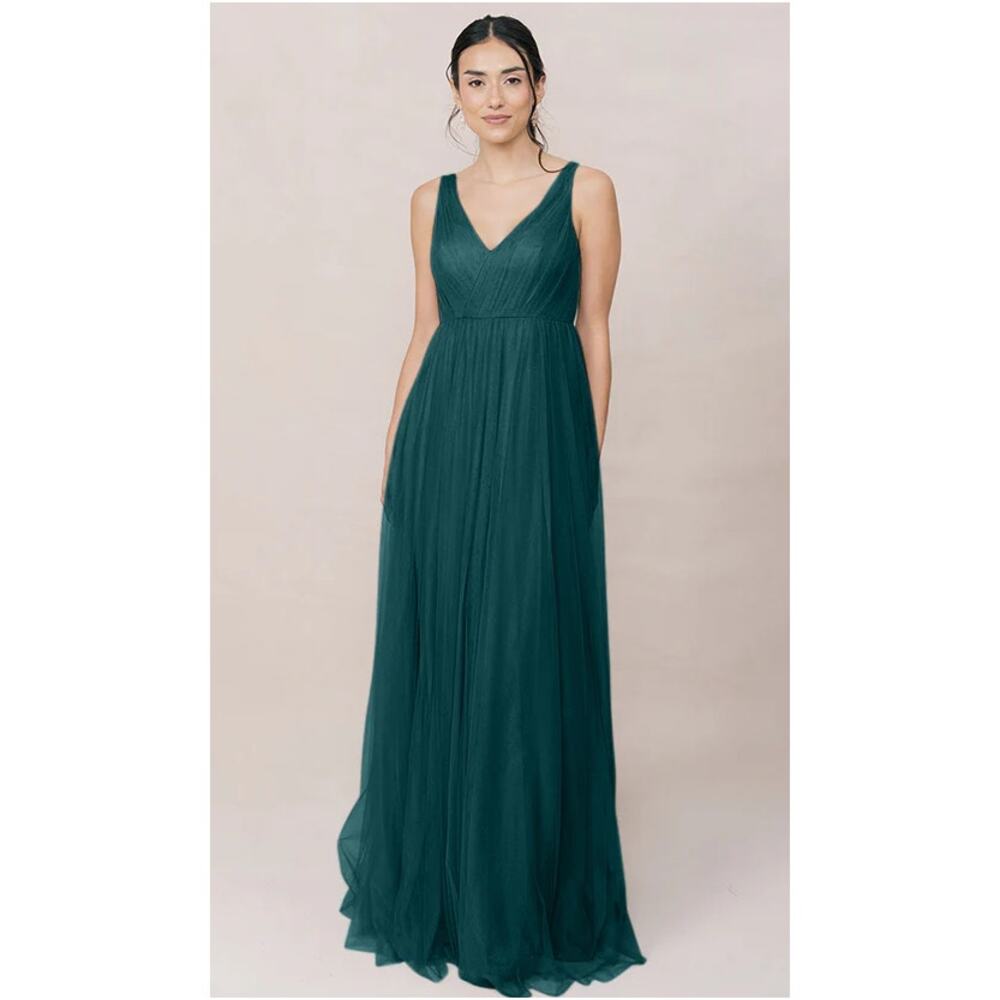 Revelry Jamie Tulle Dress Women Size 14 Emerald A Line V Neck Formal Elegant NWT